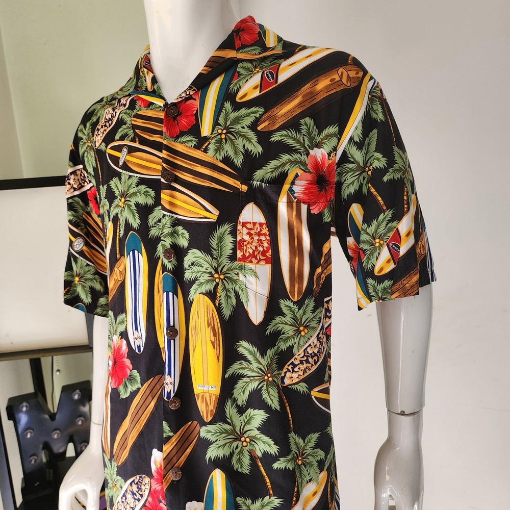 Oahu Classic Mens Black Surfboard Palm Tree Tropical Hawaiian Camp Shirt